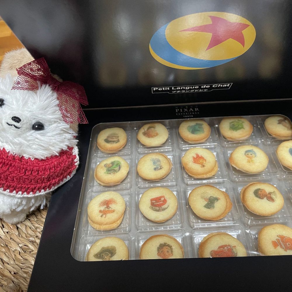 おねいちゃんにピクサー展に連行された‼️ニモとツーショ✌🏻青い人は悲しみさん❓主へのお土産はラングドシャ、全部違うキャラだ！知らないキャラもいるぜよ💦