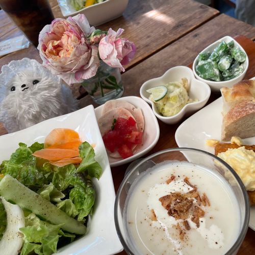 母の日、おねえちゃんが主を美味しいお店へご招待♡ヘルシーなプレートうましだったぞ(*´༥`*)♡庭もお花たくさん、4枚目のこの花何ぞや❓かわいい‎形🧡‬あっ、僕今日はバブちゃんでちゅ〜ばぶぅ👼🏻‪‎🤍