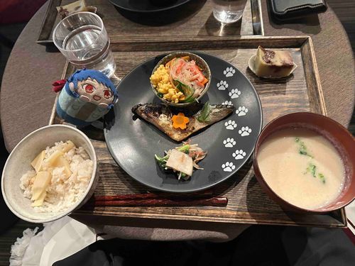 こんばんは、ちゅわです！

正しくは昨日のご馳走なんだけど……！

昨日の朝ごはんがあまりに美味しかったから思い出し投稿しに来ました！

メニューはねぇ
筍ご飯
鯖の胡麻みりん焼
春雨サラダ
スイスチャード（フダンソウ）と春カブのお浸し
春大根の豆乳味噌ポタージュ
チョコレート芋羊羹

だったらしいよ

チョコレート芋羊羹初めて食べたけどすごく美味しかった！
あとねー、サラダとねー、ポタージュが好みの味だったよ！

かえちゃんと、かえちゃんのパパも美味しいって食べてた！

またこんな朝ごはんたべたいなぁ〜！
かえちゃん早起きして♡
ねっ♡