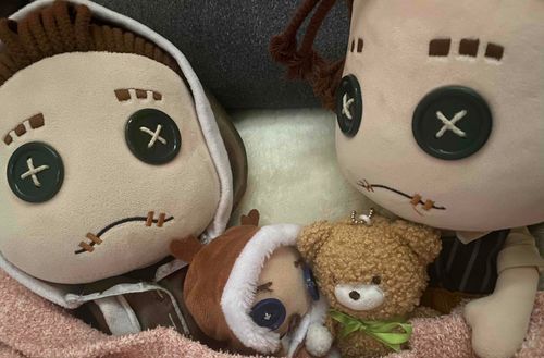 主人の手作りの「ぽへ」だ。
小さくて目の色が違うのが特徴なんだ。
不器用ながら頑張ったみたいだな⋯(,,⊕︿⊗,,)💭

なぶもりぼんつけてもらったんだよ！
よかったねぇ〜✨️
(´｡>ω)🧸ｷﾞｭｯ♡