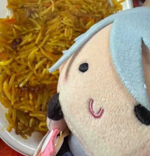 んま〜！(ビリヤニ！サフランライスにチキンが入っててスパイシーで美味しい！）