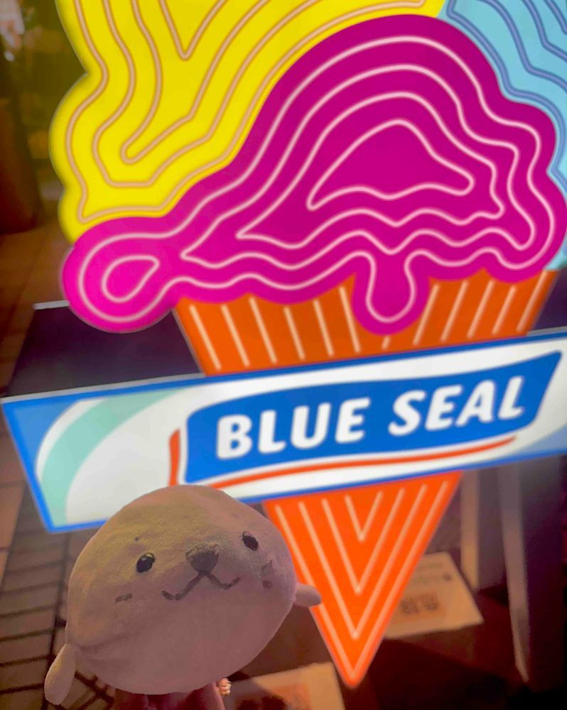 はろ〜はろ〜あざらし〜🦭🍨
あっついひに最高なタイミングで大好きなブルーシールアイスさんをみつけたよ👀!!
｢マンゴダンゴ×塩ちんすこう｣でトロピカル＆ハッピー＆ラブ＆ピース＆塩分チャージ！
夜にもういっかいお店をとおったから素敵なネオンサインとも記念撮影🍨🌉