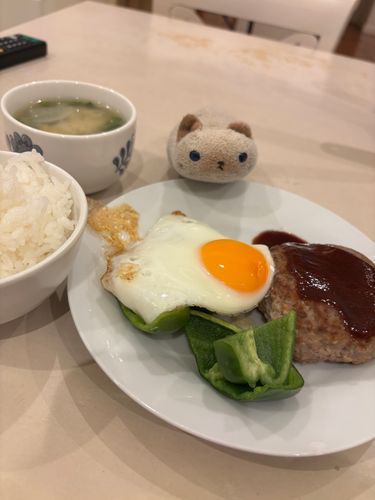 お母さんが作った目玉焼き付きハンバーグでしゅ(=^x^=)
ニヤアは一生懸命食べましたよ(=^x^=)