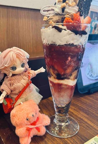 おともだちのりんたおちゃんと、ぱふぇたべた。ぱふぇはええね。かわええしおいしいね。