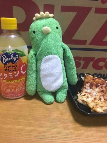 僕ね！！Costcoさんの大きいピザさんを食べたの！！いっぱい食べれないから、ラップでクルクルしたの！！僕はお飲み物さんが大好きだから今日はバヤリースのオレンジさんを飲んだ！！お腹いっぱいだなぁ
