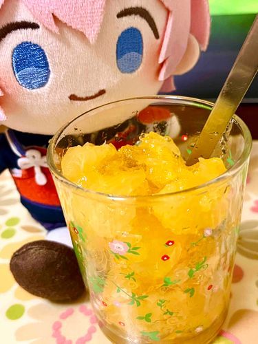 主君が八朔のゼリーを作ってましたよ！
皮剥きの作業がお好きなんです
ちょっと苦くて大人の味ですね！
