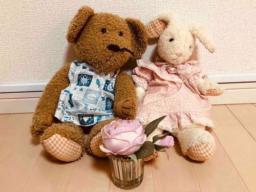 1番昔からの家族。
みみ子さん&マヨさんです。お洋服は、おばあちゃんの手作りだそうです。
あしの模様もお揃いにぬってありますっ♪