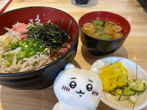 フフ(美味しいしらす&ネギトロ丼を食べたよ🐟)！
代理:ちいかわ