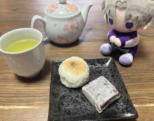 あるじの最近のまいぶーむは「和菓子と緑茶」らしく、これは人生ではじめてのきんつばだそうだ。以前食されていた「すあま」は、近所の食品店から姿を消してしまったらしい……。あるじはすあまや大福のような、もちもちした甘味を好まれているらしく、今回もきんつばと共に粗搗き大福をご購入されていた。おれも和菓子には馴染みがあるので好んでいる。ところであるじ、茶請けの品にバウムクーヘンなどはいかがでしょうか？