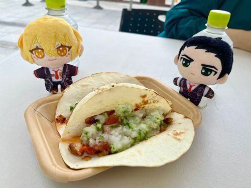 🎠見たまえムルソーくん！！！！これが噂に名高いタコスというもの！！さっそく食べてみようではないか！！！！！！

⛓️いくら今日は人が少ないとはいえ、もう少しボリュームを落とすべきと思える