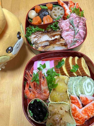 今回の人間の帰省には、パモさんがついてきたぞ！これはおせち！お肉がおいしかった！