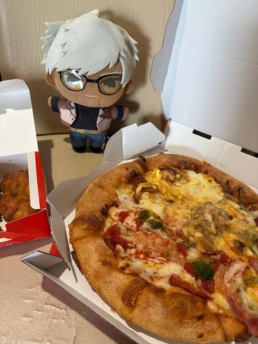 実はもう昨日になるけど、マスターはお誕生日だったのでご馳走を食べていた
これは持ち帰り時に傾けてしまったピザ（美味しかった）