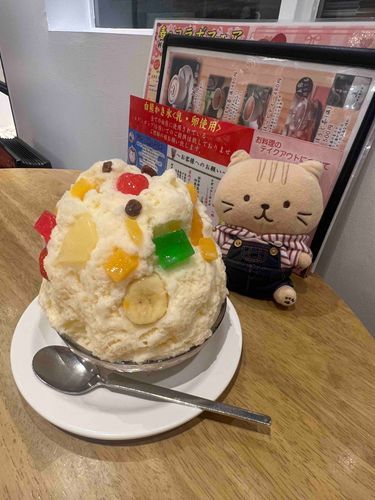 これがしろくまだよ🐻‍❄️としーちゃんが教えてくれました。しーちゃんがよくセブンイ●ブンで買って食べてる……？こっちが元祖なんですか！？大きい！でもしーちゃんはぺろっと食べちゃいました。チャチャもちょっともらいました😋しろくまさんのお顔が見えます🐻‍❄️