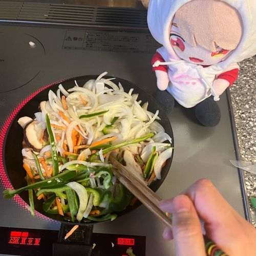 ひきにーとのこーくが家族のために料理を作ったよ！
みんな喜んでくれてたの良かったよ
フライパンの大きさを間違えてしまってぎゅうぎゅうづめになってしまったんだ笑