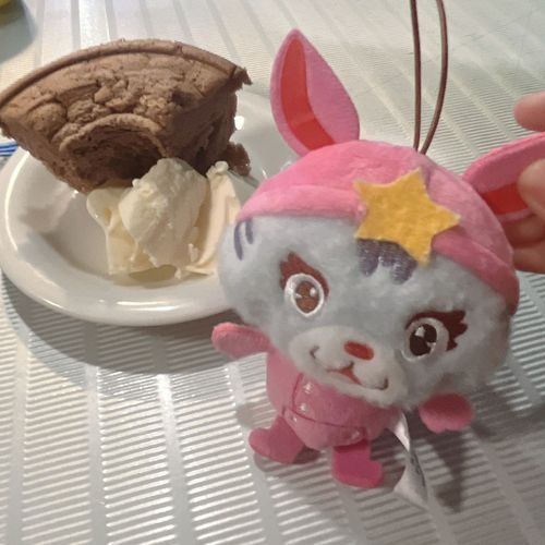 シフォンケーキにバニラアイス🍨を乗せたよ！