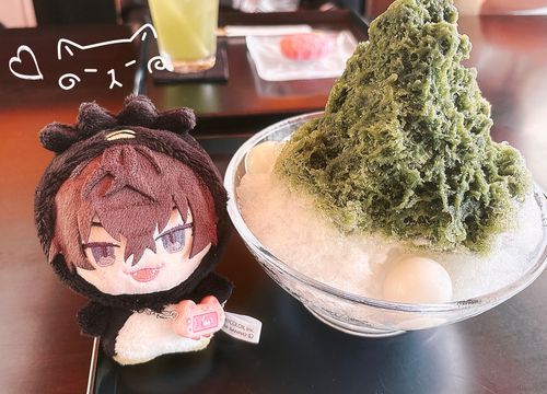ぬいより高いかき氷🍧抹茶の山を見て嬉しげテツぬ