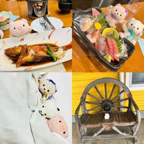お写真６枚目！次で最後だよ！！


旅行の楽しみの１つといったらやっぱりご飯だよね❣️シアたちは豪華なお魚を食べたよ！！こんなの初めて✨とってもとっても美味しかった😋💖

右下のお写真はおっきな椅子があったから撮ってもらったの！ぴっぴちゃんが「このイスおっきい〜」ポーズをしてたよ🐖❣️