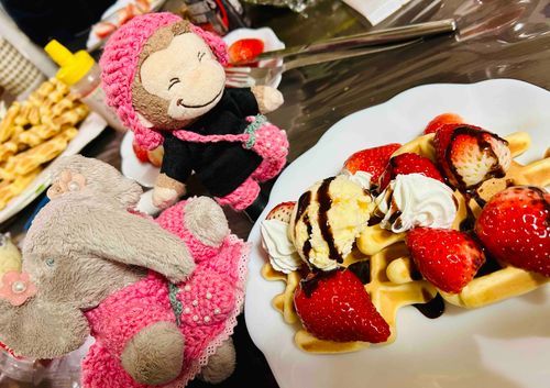 ばーちゃんがテレビの限定いちごワッフルデザートの番組みて、今からワッフルデザート作ろうと・・・パオミもお手伝いして美味しいデザート完成‼️