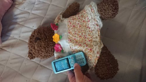 ハローちゃんがガラケイをもっている。