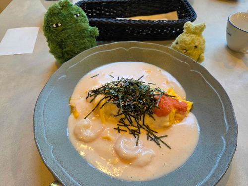 めんたいことえびのおむらいすたべたよー！ぴりからでおいしい！