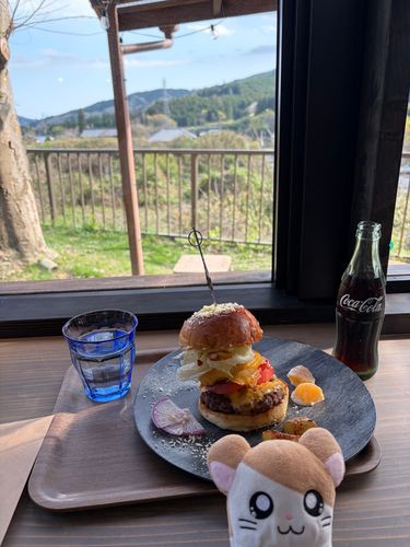 里山を背景におしゃれなHamburgerを食べたのだ！ぼくのだぁいすきなコーラとともに！