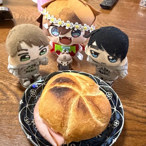 きんきんがウチに来た！
(ウチのぬい主ときんきんのぬい主は親子だよ🐔🐤)
お土産のカルネ🥯やっぱ旨い😆👍