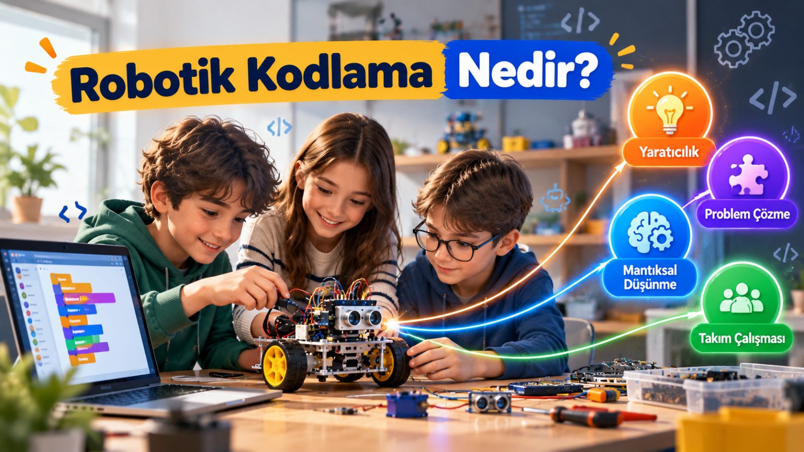 Füzyon Akademi atölyesinde robot projesi üzerinde çalışan öğrenciler