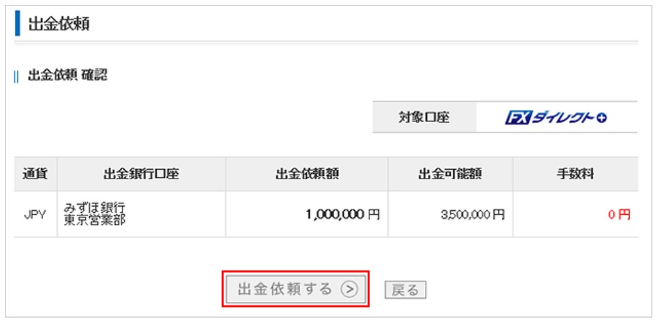 出金依頼確定画面のスクリーンショット