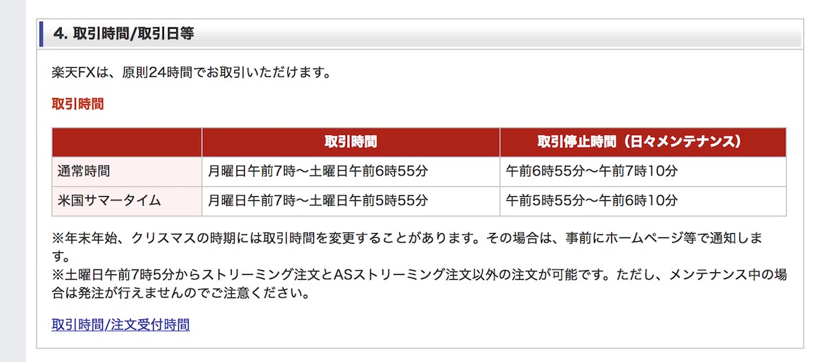 楽天fxの取引時間の説明画像