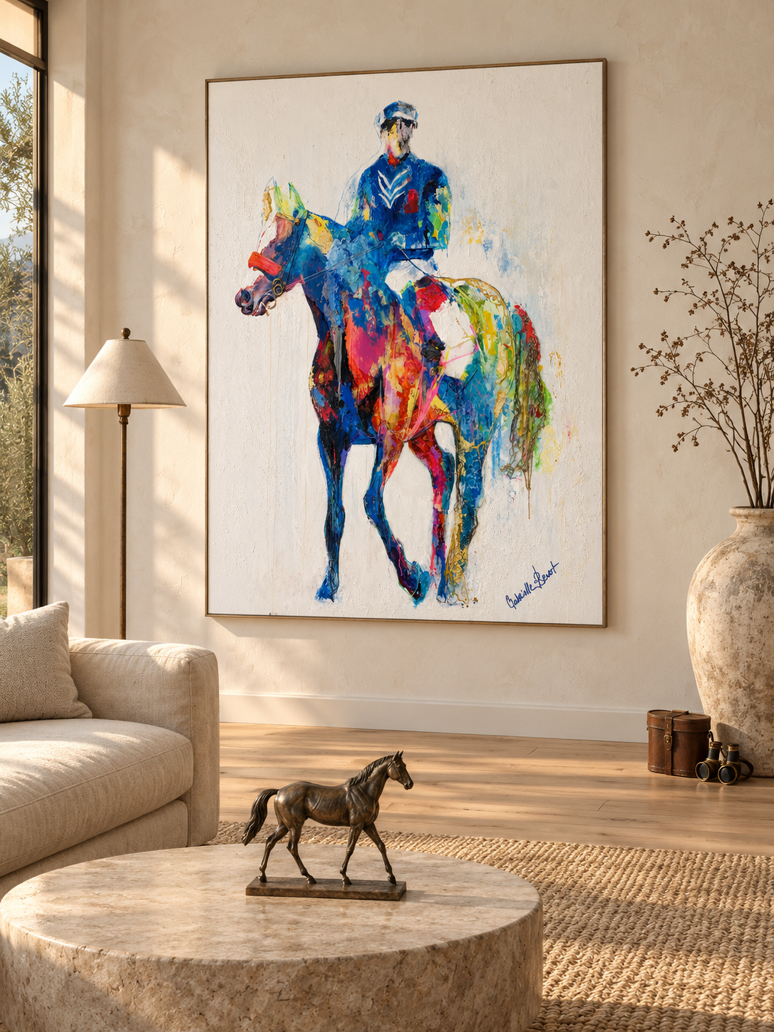 A visualization showing the painting hung on the plaster wall of a sunlit living room with a linen sofa, an oak floor and a bronze horse on a stone table.