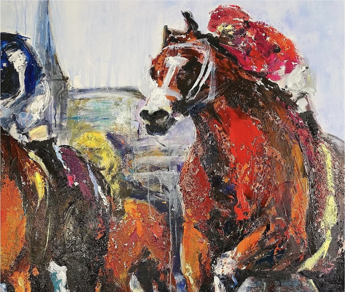 Detail of the finished painting by Gabrielle Benot, showing the red horse on the right built from heavy knife-laid acrylic in crimson, orange and black.
