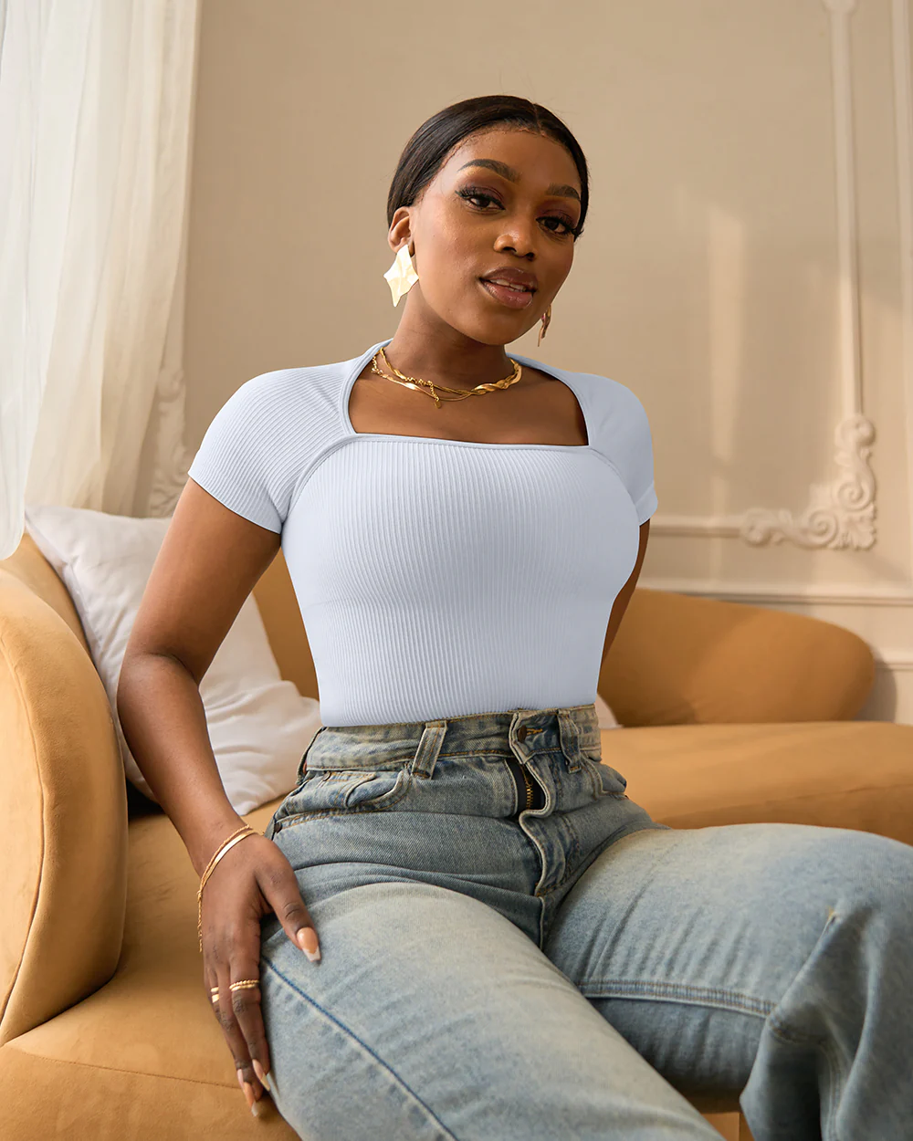Sculpting Square-Neck Ribbed Bodysuit