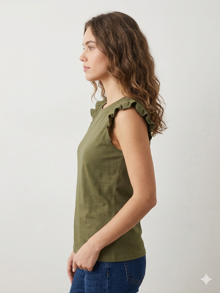 Flutter-Sleeve Ribbed Tank Top – Olive Green 1