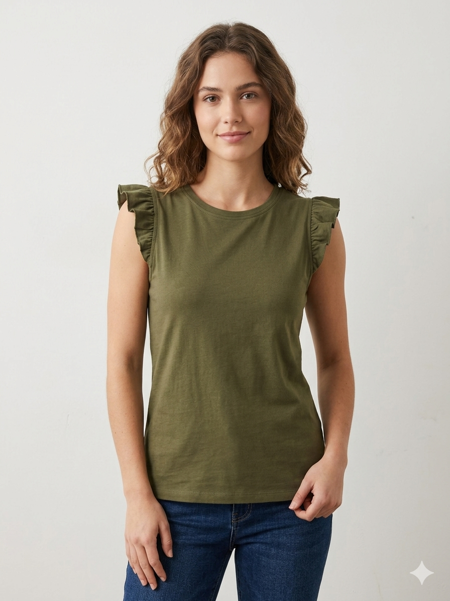 Flutter-Sleeve Ribbed Tank Top – Olive Green