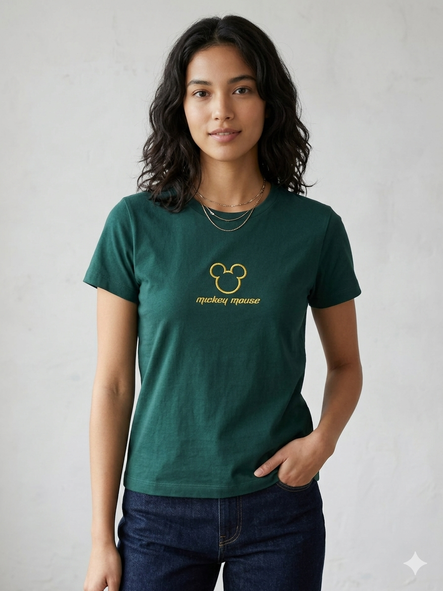 Iconic Mickey Mouse Outline Tee – Forest Green