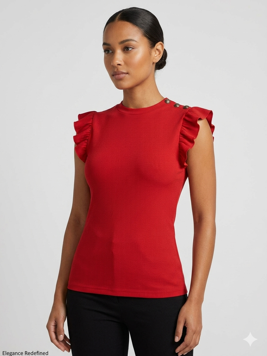 Scarlet Ruffle Trim Button Top