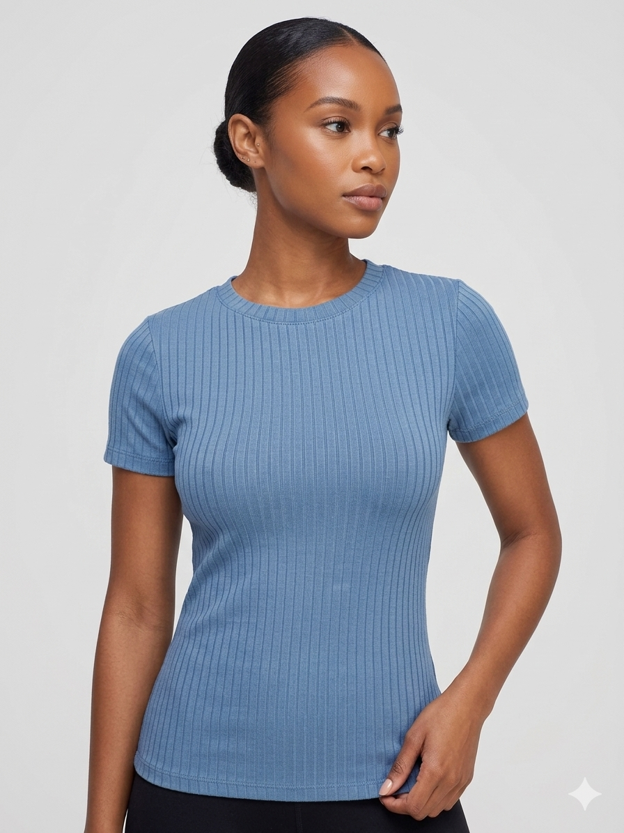 Essential Ribbed Sculpt Tee in Dusty Blue