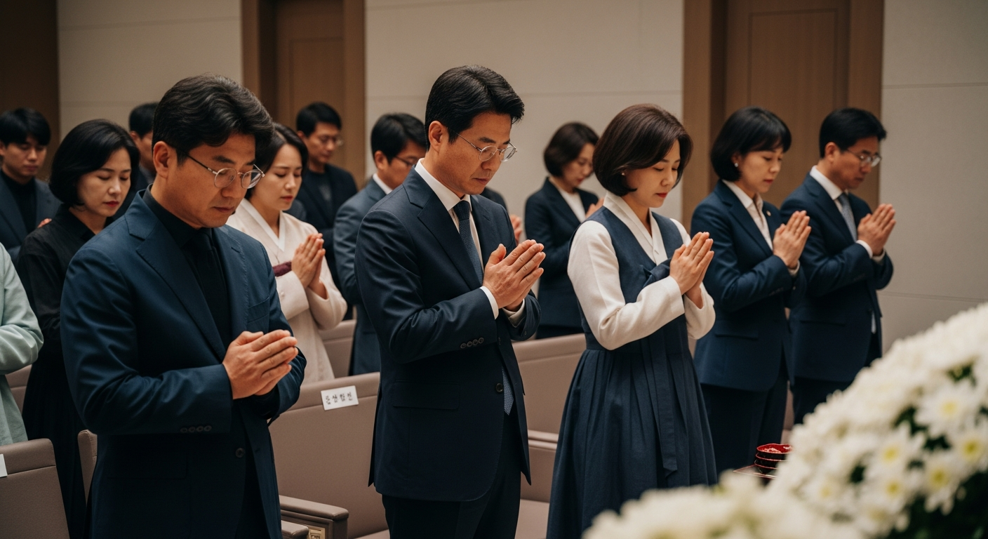 현대적인 복장의 한국인 남녀들이 경건하고 차분한 분위기 속에서 49재 추모 의식을 치르는 모습 - 가효상조 장례 가이드 49제 금기사항: 조상께 올리는 마지막 예절, 이것만은 꼭 지키세요