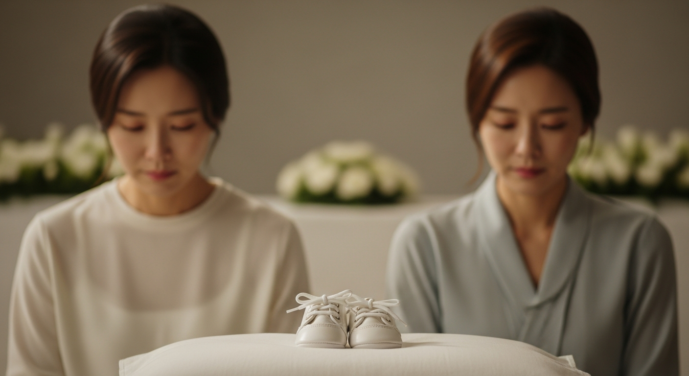 작고 소중한 아기의 신발이 하얀 천 위에 놓여 있고, 그 뒤로 은은한 꽃 장식이 흐릿하게 보이는 따뜻하고 정중한 분위기의 장례식 장면. - 가효상조 장례 가이드 아기 장례식, 슬픔 속에서 꼭 알아야 할 모든 것 (절차, 예절, 비용)