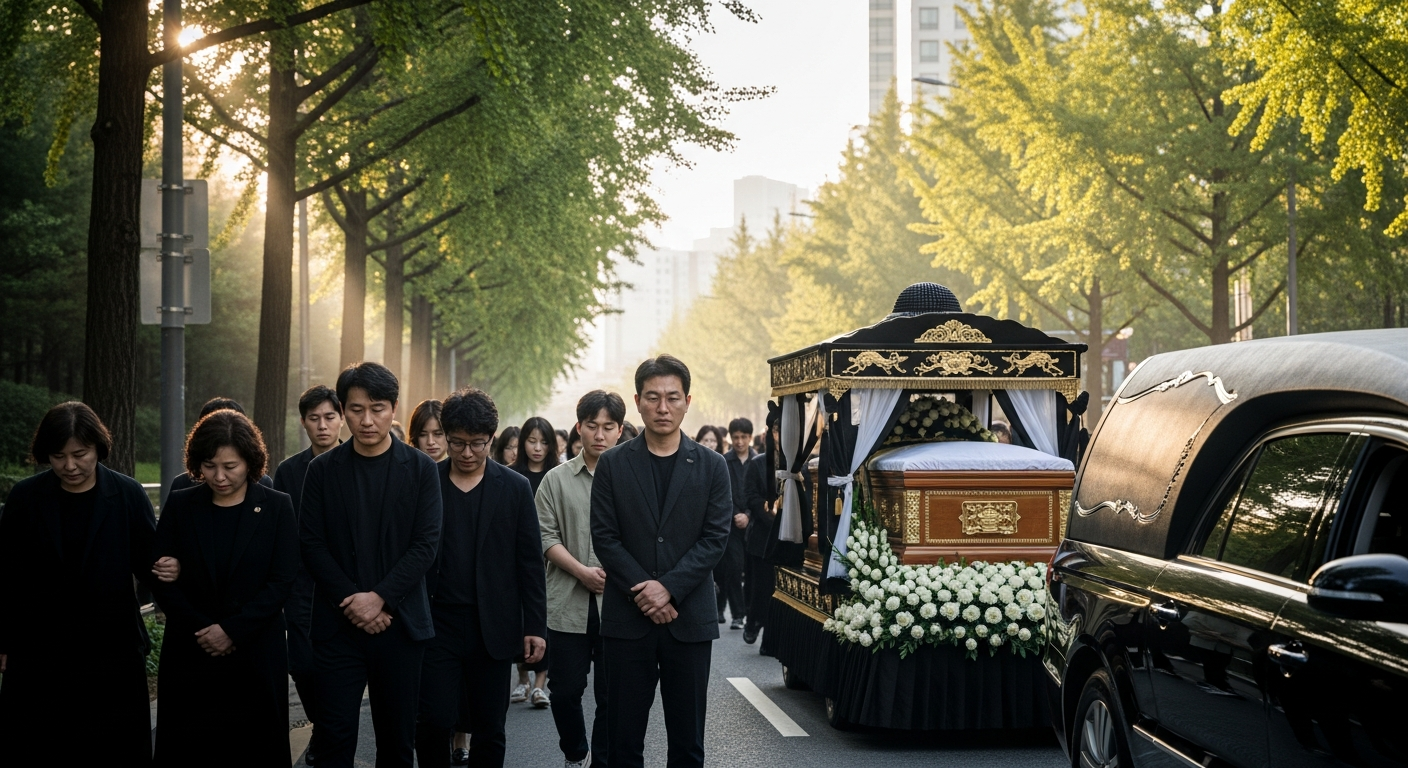 장례식 발인 절차를 상징하는 현대 한국인들의 경건한 운구 행렬 - 가효상조 장례 가이드 장례식 발인 절차, 시간, 종교별 예법 완벽 가이드
