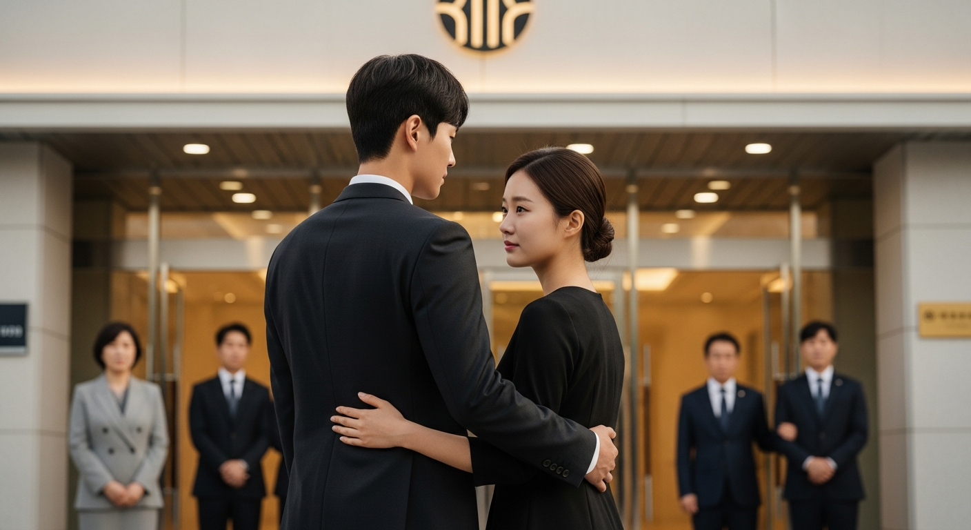 남자친구와 함께 장례식장 앞에 서서 서로에게 위로와 지지를 보내는 젊은 커플의 모습 - 가효상조 장례 가이드 남자친구 조부모상, 여자친구로서 알아야 할 예절과 준비사항 완벽 가이드