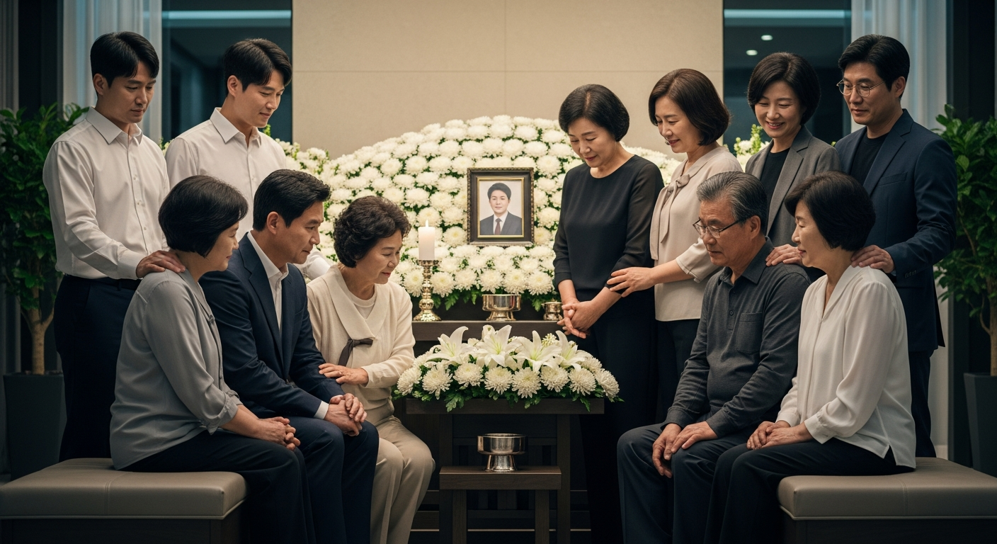 따뜻하고 존중하는 분위기 속에서 소규모의 우아한 장례 환경을 중심으로 모인 가족들이 사랑과 지지를 나누는 모습 - 가효상조 장례 가이드 장례식 가족장: 절차, 비용, 장단점 완벽 가이드 (가효상조)