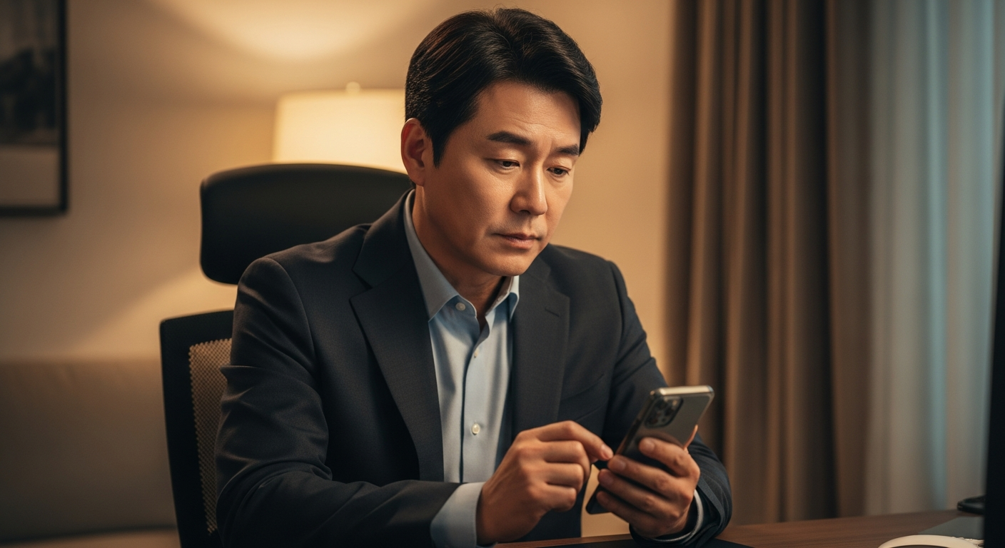 정중하고 차분한 분위기 속에서 스마트폰으로 부친상 부고 문자를 작성하는 40대 한국 남성 - 가효상조 장례 가이드 부친상 부고문자: 핵심 작성법부터 예절까지 완벽 가이드
