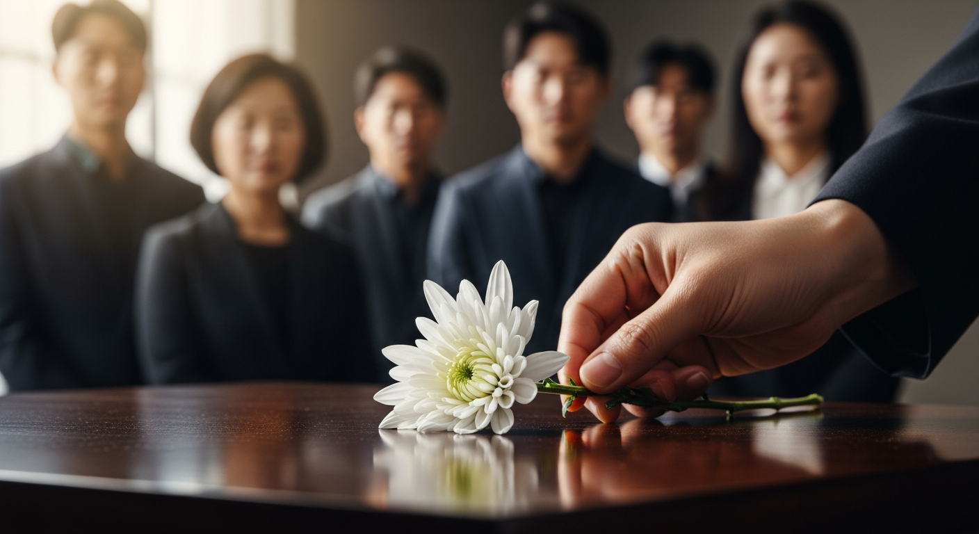 하얀 국화꽃을 조심스럽게 올려놓는 손을 클로즈업한 사진으로, 추모와 장례 의식을 상징합니다. 배경에는 현대적인 2026년 대한민국의 평범한 남녀가 흐릿하게 보이며, 지원적인 분위기를 전달합니다. - 가효상조 장례 가이드 장제급여 완벽 가이드: 지원 대상, 신청 방법, 필요 서류 총정리 (2026년 최신 정보)