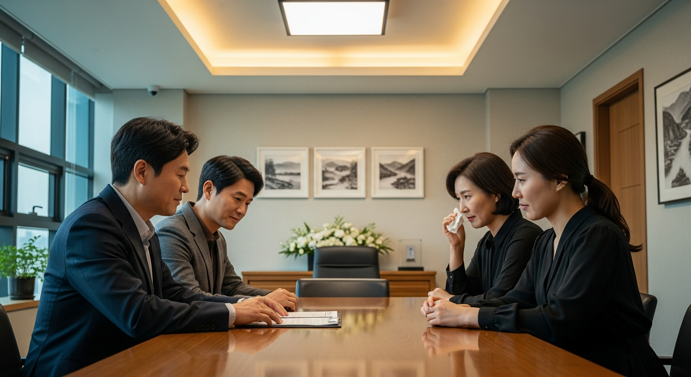 장례지도사와 진지하게 상담 중인 현대적인 한국인 가족 - 가효상조 장례 가이드 장례식장 비용, 투명하고 합리적인 선택을 위한 모든 것 (feat. 가효상조)