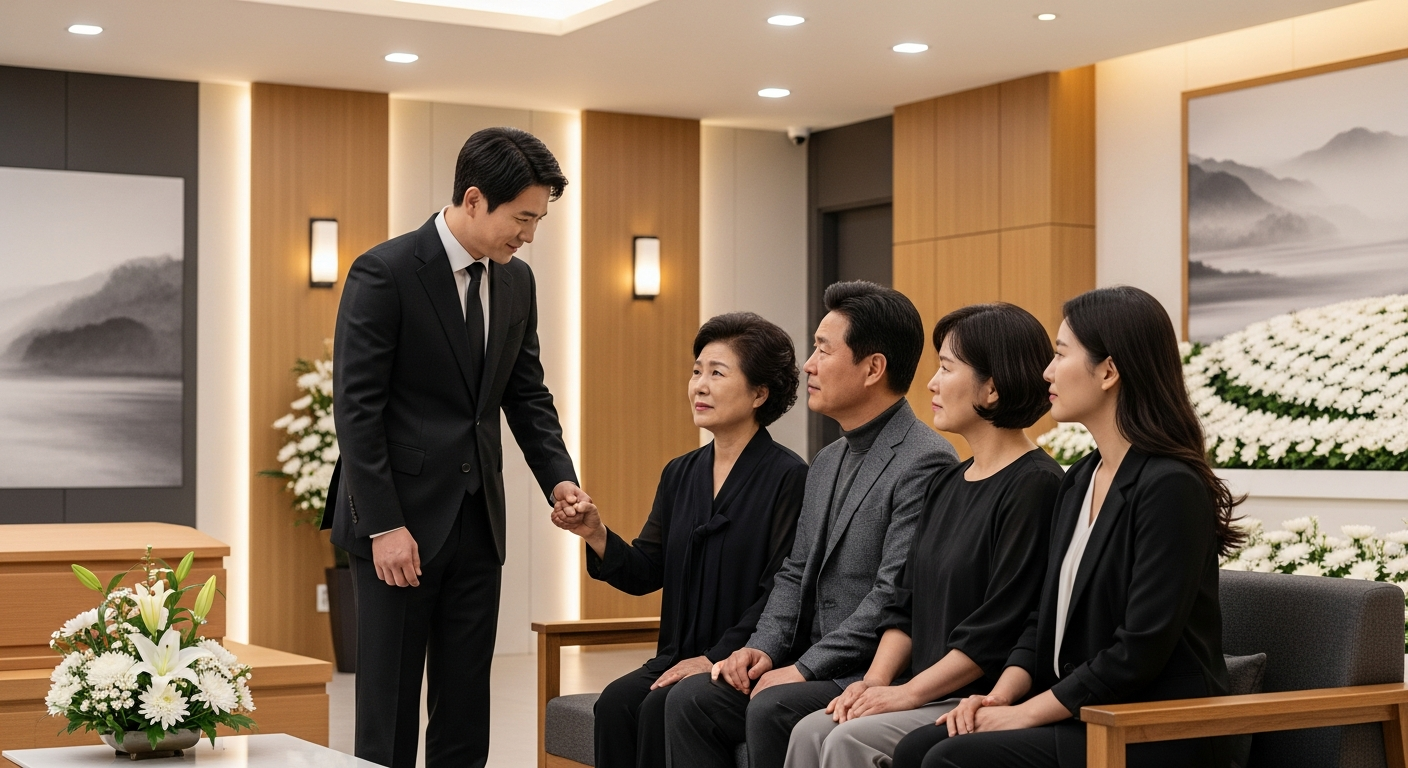 장례지도사가 슬픔에 잠긴 유가족에게 따뜻한 위로와 안내를 건네는 모습, 전문성과 공감 능력을 보여주는 장면 - 가효상조 장례 가이드 장례 순서 완벽 정리: 단계별 절차, 예절, 그리고 가효상조의 든든한 동행