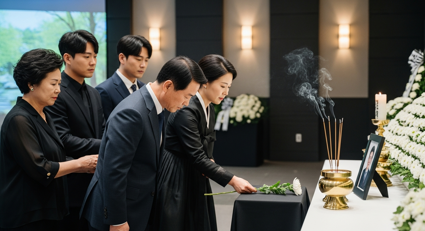 따뜻하고 정중한 분위기 속에서 장례식에 참석하여 고인을 추모하는 현대적인 한국인 가족 모습 - 가효상조 장례 가이드 외조모상 조의금, 얼마가 적절할까요? (경험 기반 현실 조언)