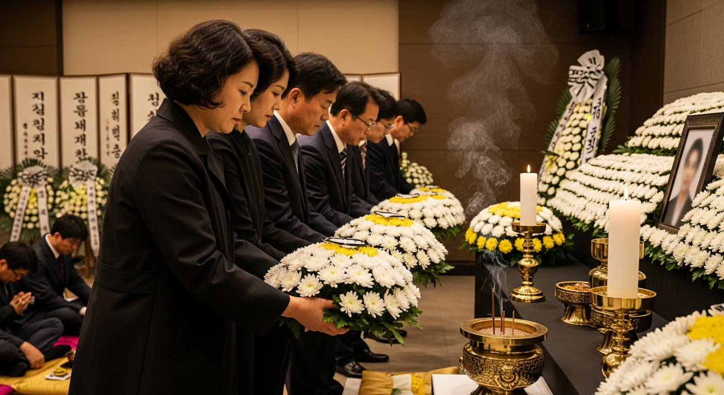 현대적인 한국 장례식장에서 고인을 추모하며 헌화하는 남녀의 경건하고 따뜻한 모습 - 가효상조 장례 가이드 장례식장 헌화, 고인을 기리는 따뜻한 마음을 전하는 방법