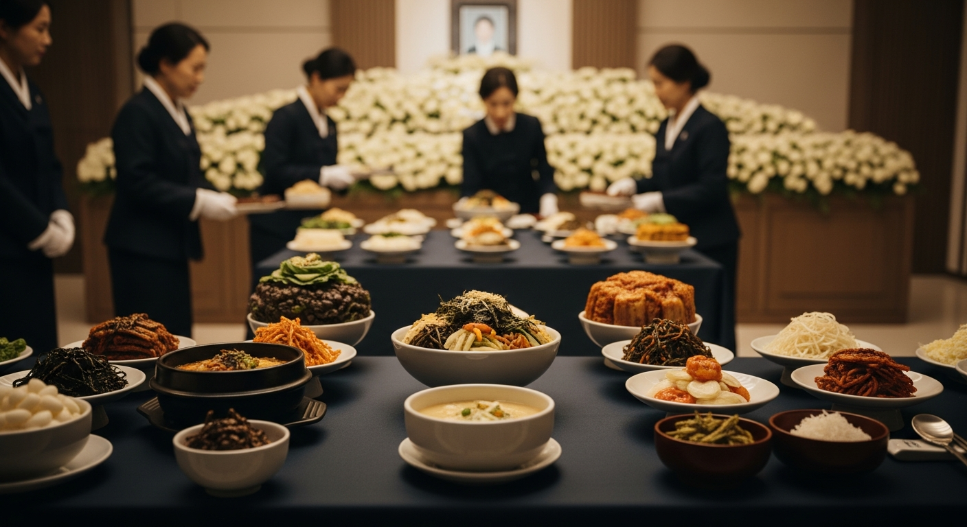 현대적인 장례식장에서 정갈하게 차려진 한국 전통 상차림 모습 - 가효상조 장례 가이드 장례식장 음식 비용, 얼마까지 예상해야 할까? (실제 경험 기반 상세 가이드)