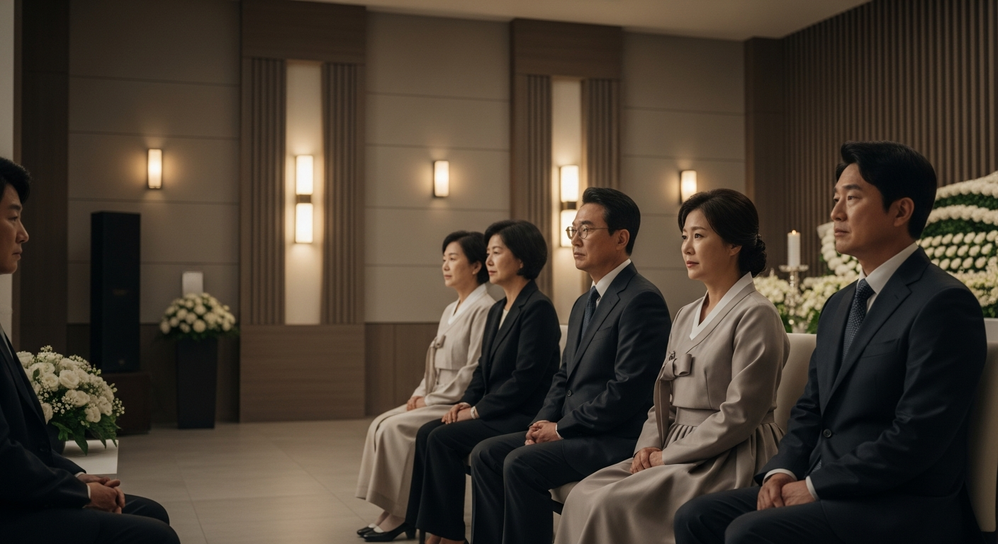 따뜻하고 정중한 분위기 속 현대적인 장례식장에서 엄숙하지만 평화로운 표정으로 모여 있는 한국인 가족들의 모습, 2026년 최신 유행의 의상을 착용한 한국 남녀 - 가효상조 장례 가이드 장례식 절차 A to Z: 누구나 알아야 할 필수 정보와 가효상조의 든든한 지원